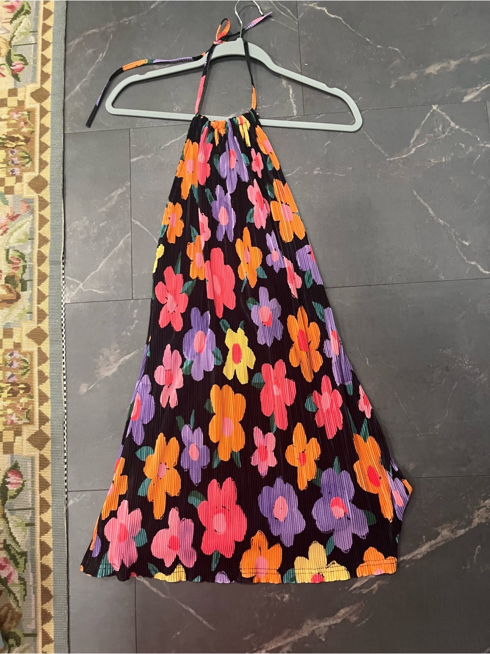 Peppermayo Black Floral Halter Dress with Pink, Orange, Purple, & Yellow Flowers - Picture 3 of 5